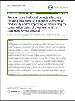 Are alternative livelihood projects effective at reducing local threats to specified elements of biodiversity and/or improving or maintaining the conservation status of those elements?: a systematic review protocol