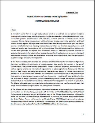 Global Alliance for Climate-Smart Agriculture: FRAMEWORK DOCUMENT (1 September 2014)